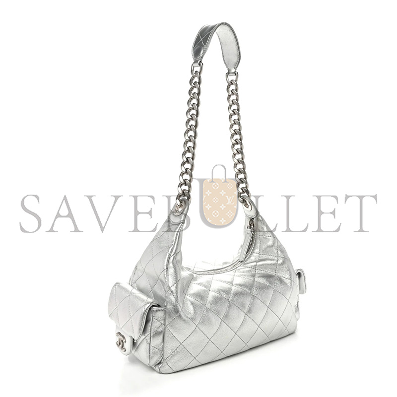 CHANEL METALLIC LAMBSKIN QUILTED TRENDY POCKETS HOBO SILVER (35*27*18cm)